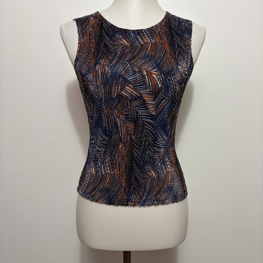 Rave City 90s Sleeveless Micro Pleated Top Medium Navy Copper Abstract  Rave